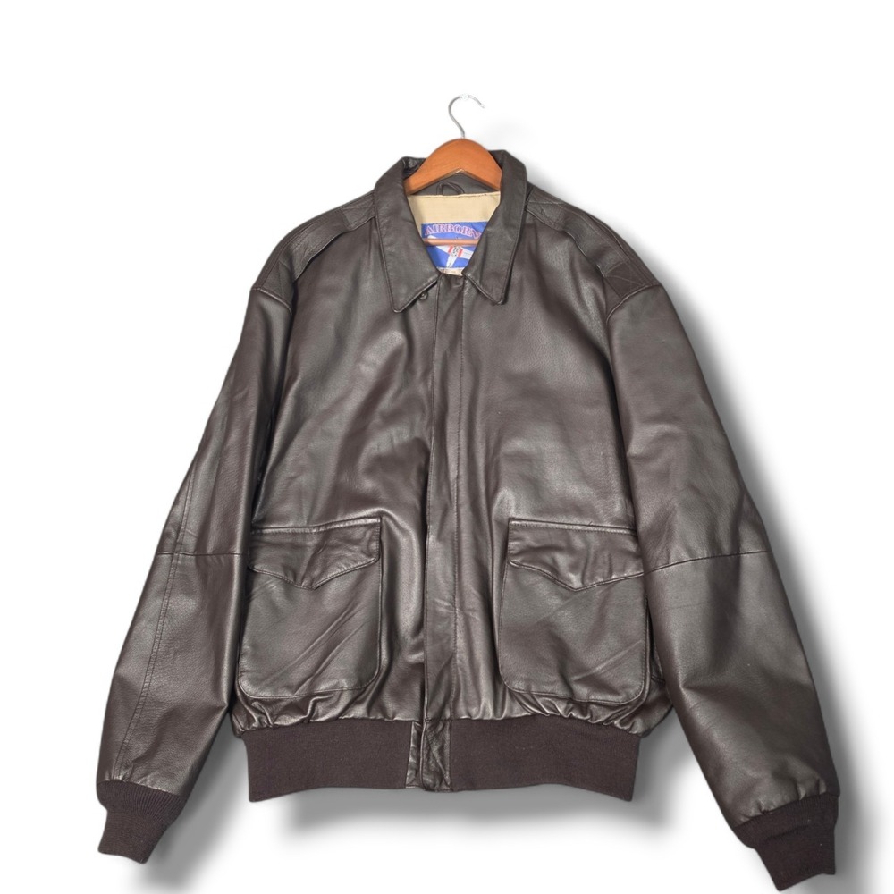 Vintage Airborne Brown Leather Bomber Flight Jacket Mens XLT American Flag Lined